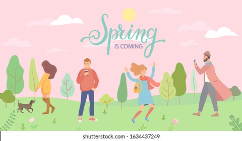 People in the spring park in different situations - playing with the dog, jumping, man with phone and hipster with coffee. Men and women in season forest. Vector illustration.