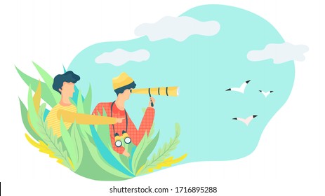 Gente con cristales y prismáticos viendo aves, ilustración vectorial. Hobby para observar aves, actividad al aire libre, explorar la naturaleza. Ornitólogo voluntario observando aves voladoras, la vida silvestre estudiando al aire libre