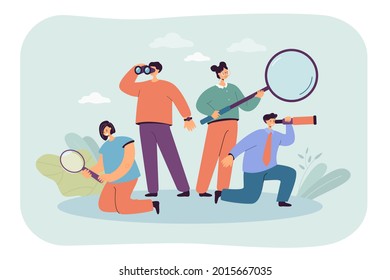 People with spyglasses and magnifier flat vector illustration. Men and women exploring, analyzing, looking for new opportunities, staff or ideas. HR team, search concept
