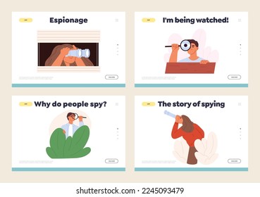 People spying, observing, sneaking concept of landing pages template set. Group of character peeping, hide behind shrubs, window, wall with spying glass, magnifier, binocular. Flat vector illustration