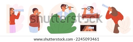 People spying, observing, sneaking. Group of characters peeping, hide behind shrubs, window, wall with spying glass, magnifier, binocular. Men, women peek, look out, search. Flat vector illustration