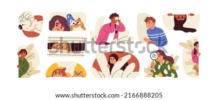 People spying, observing and sneaking set. Characters peeping, hiding behind shrubs, window. Men, women, pets peeking, looking out, searching. Flat vector illustrations isolated on white background