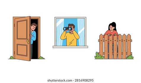 People spying and peeping including man behind door, man with binoculars in window, and woman behind fence.