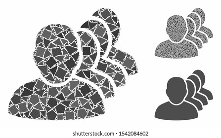 People squad mosaic of tremulant elements in variable sizes and color tints, based on people squad icon. Vector rugged elements are composed into mosaic.