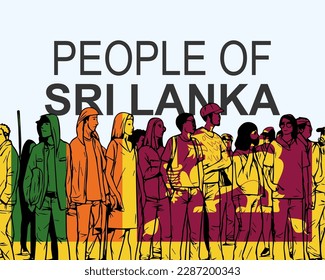 People of Sri Lanka with flag, silhouette of many people, banner of diversity or protest in Sri Lanka, group of person, society and audience concept, gathering idea