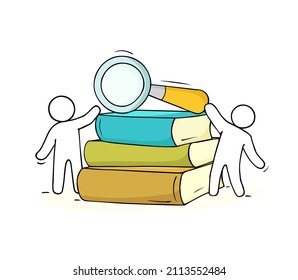 People with stack of books and magnifying glass. Concept of education, literature or searching concept. Vector hand drawn illustration of doodle men, books and loupe