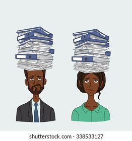 People with stack of books on his head. Hard learning on courses, College, University, at home. Reading business books and paper. Vector illustration of knowledge books. Workplace for knowledge