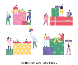 People are stacking gift boxes around huge gift boxes. flat design style vector illustration.