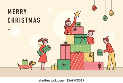 People are stacking gift boxes to make a giant tree. flat design style minimal vector illustration.