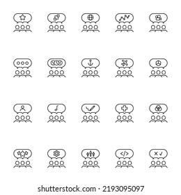 People, staff, speech bubble concept. Vector line icon for web sites, stores, online courses etc. Various signs inside of speech bubble over group of people 
