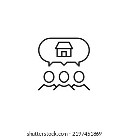 Gente, personal, concepto de burbuja de habla. Icono de línea de vectores para sitios web, tiendas, cursos en línea, etc. Signo de casa privada dentro de la burbuja de habla sobre un grupo de personas 