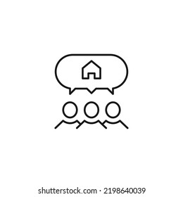 People, staff, speech bubble concept. Vector line icon for web sites, stores, online courses etc. Sign of house inside of speech bubble over group of people 