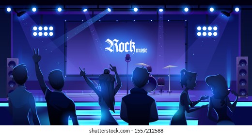 People at stage waiting rock music concert. Empty scene with instruments, equipment and illumination, drums, synthesizer, microphone, dynamics and screen for presentation. Cartoon vector illustration