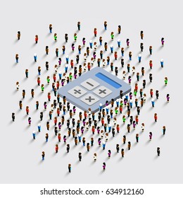 People stand around a calculator on a white background. Vector illustration