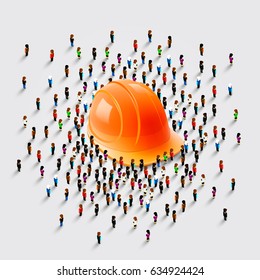 People stand around a helmet on a white background. Vector illustration