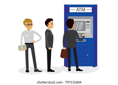 People stand at the ATM cash machine. Vector illustration in a flat style