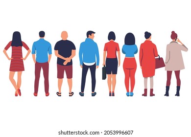 People Stand Back. Young Fashionable People In Beautiful Outfits. Set Of Man And Woman Standing. Vector Illustration Flat Design. Isolated On White Background. Character Caucasian.