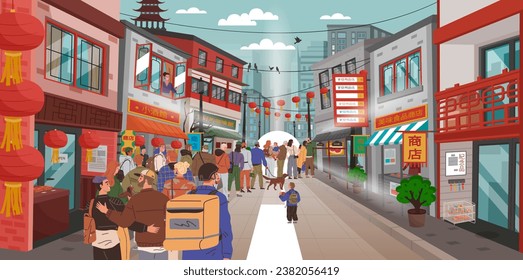 People stand in big queue at store on street in Chinese city. Walk in Asian shopping district with showcase trade shops. Building with lanterns ornaments in China town, fast food restaurant, gift shop