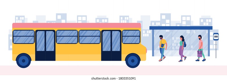 La gente se para en la parada de autobús esperando el autobús. Ilustración de vector plana colorida.