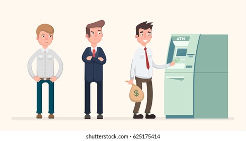 People stand at the cash machine for a salary. Vector illustration in a flat style.