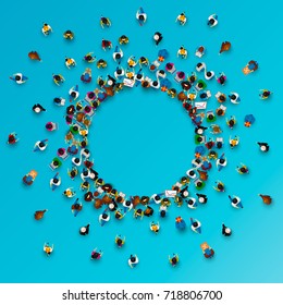 A Lot Of People Stand In A Circle On A Blue Background. Vector Illustration