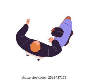 People stand, communicate outdoors top view. Happy men converse, hand gesturing from above head side. Friends meeting, talk, spend time together. Flat isolated vector illustration on white background