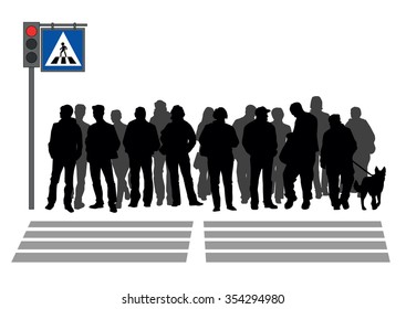People stand in crosswalk, people silhouettes, vector illustration
