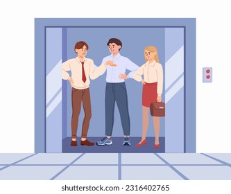 La gente se para en el concepto de ascensor. Hombres y mujeres con traje se levantan. Los colegas discuten el trabajo, los socios. Salón en el centro de negocios. Comunicación e interacción. Dibujo vectorial plano de dibujos animados