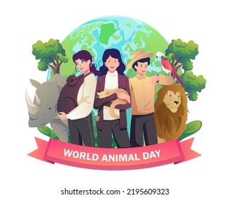 People stand and enjoy animals and their pets on World animal day, the Wildlife Day concept. Vector illustration in flat style