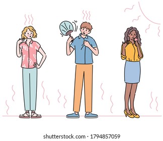 People stand fanning in the hot sun. hand drawn style vector design illustrations. 