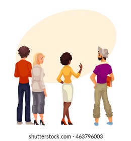 People stand with his back to audience and are looking forward to something, cartoon vector. group of people standing with his back to us and look carefully where could be your sign and advertising