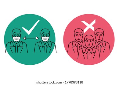 People stand keep distance and in crowd. Approved and prohibited black icon line. People in protective masks. Social distancing concept. Landing page social awareness. Vector illustration flat design.
