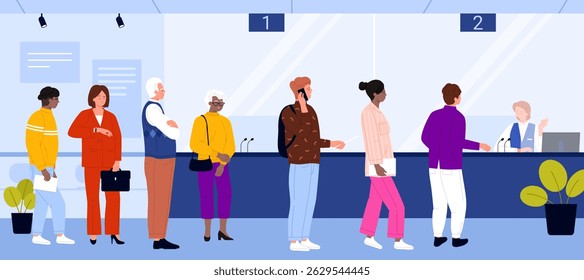 People stand in line at bank office interior, long queue of waiting customers to reception inside. Clients wait for advice of consultant and receptionist, tellers checkout cartoon vector illustration