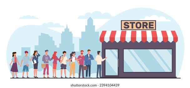 People stand in line in front of doors to store. Male and female customers standing in queue. People waiting near shop door. Supermarket or grocery. Cartoon flat isolated vector concept