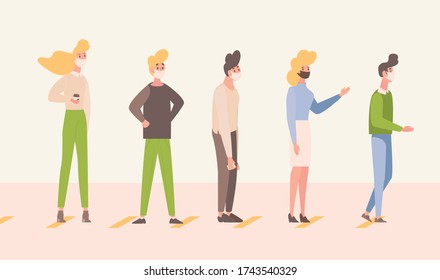 People stand in line and keep social distance vector flat illustration. Men and women in medical masks keep safe distance to protect Coronavirus. Maintain social distancing to prevent virus spread.