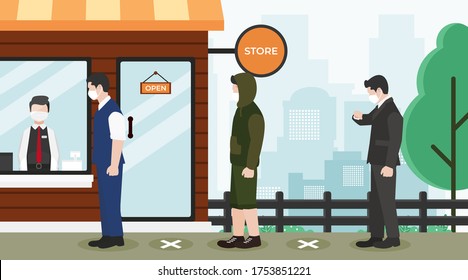 People stand in line outside the store, New normal concept with the reopening of the store. Vecor illustration of after pandemic covid-19