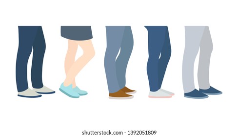 People stand in line. Queue, waiting. Shoes on feet. Vector cartoon flat style illustration set isolated on white background.