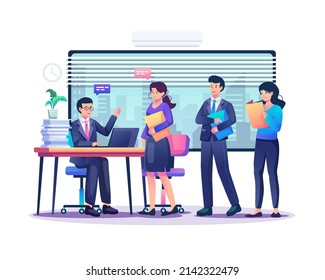 People stand in line queuing and waiting for an interview with job seekers. Corporate recruitment or job vacancy concept. Flat style vector illustration