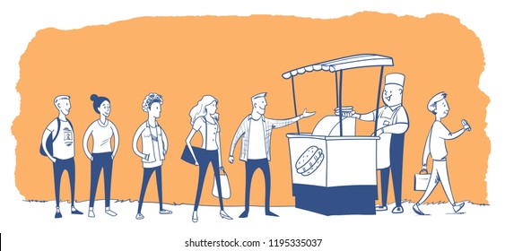 People stand in line to a stall with a meal.