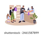 People stand in line, wait in queue in clothes shop. Customer buys, makes purchases in retail store. Seller on the counter services buyers. Flat isolated vector illustration on white background