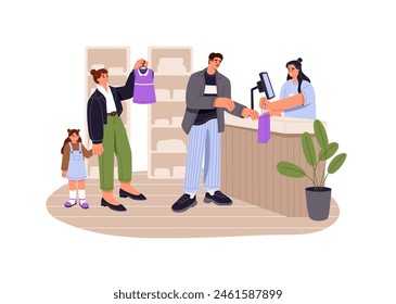 Personas haciendo cola, esperando en la tienda de ropa. El Cliente compra, realiza compras en la tienda. Vendedor en el mostrador de los compradores de servicios. Ilustración vectorial aislada plana sobre fondo blanco