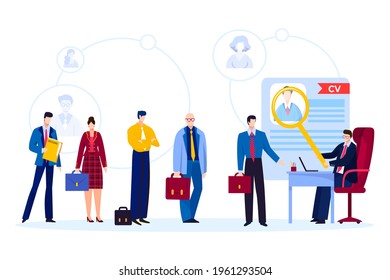 People stand line work interview queue, human resources business conversation flat vector illustration, isolated on white.