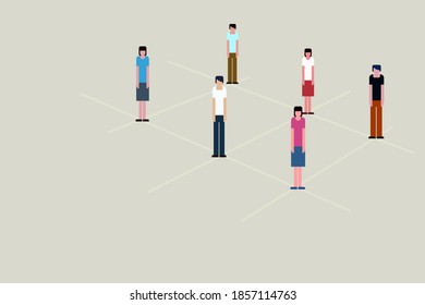 People stand in lines keeping equal distance between them