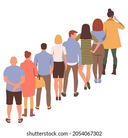 People stand in a long queue. Crowd of young people standing in line. Vector illustration flat design. Isolated on white background. Men and women waiting. Registration or shopping.