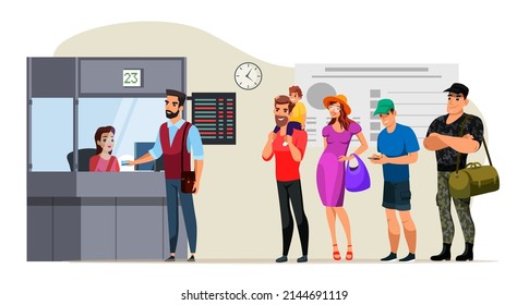 People stand in long queue at ticket office vector illustration. Cartoon man paying with credit card and talking through booth window with clerk in glasses, group of client characters waiting