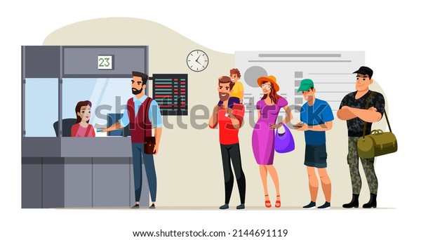 People stand in long queue at ticket office
vector illustration. Cartoon man paying with credit card and
talking through booth window with clerk in glasses, group of client
characters waiting