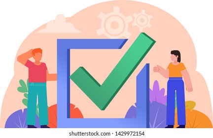 People stand near big check mark. Vote, election campaign concept. Poster for social media, web page, banner, presentation. Flat design vector illustration