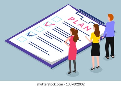 People stand near big clipboard with planning notes. Team discuss about project plan and put check marks on tasks. Office stationery for holding documents in place. Vector illustration in flat style