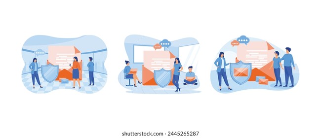 People stand near big envelope, letter, shield. Private messages, email encryption, confidential information protection. Encrypted, secure messenger concept. Set flat vector modern illustration