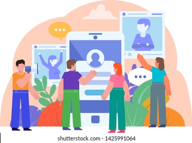 People stand near big smartphone, activity in chat, social apps. Poster for social media, web page, banner, presentation. Flat design vector illustration